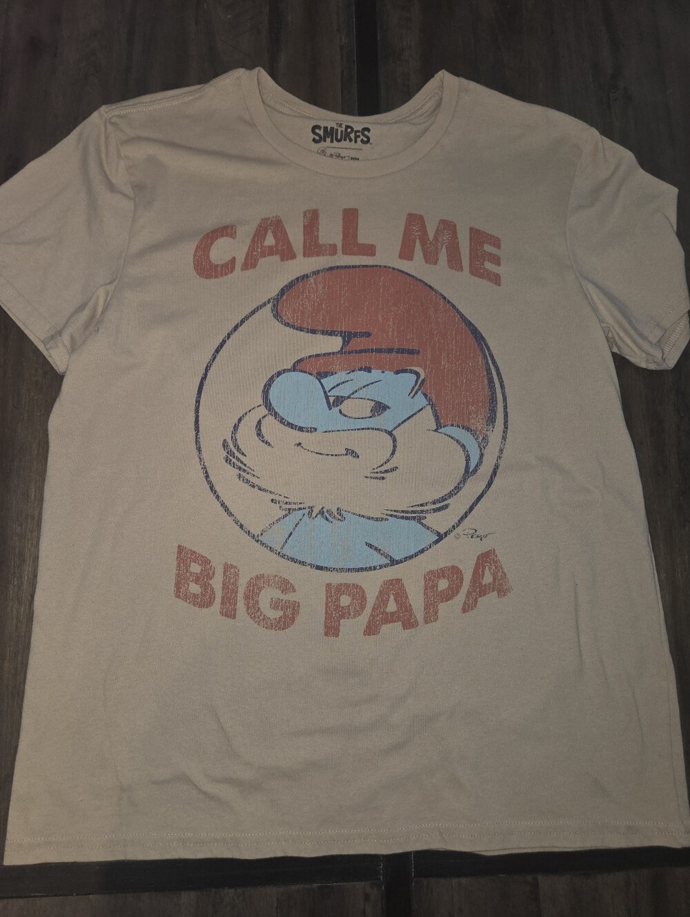 The Smurfs Shirt Mens Medium Call Me Big Papa Beige Crew Neck Excellent